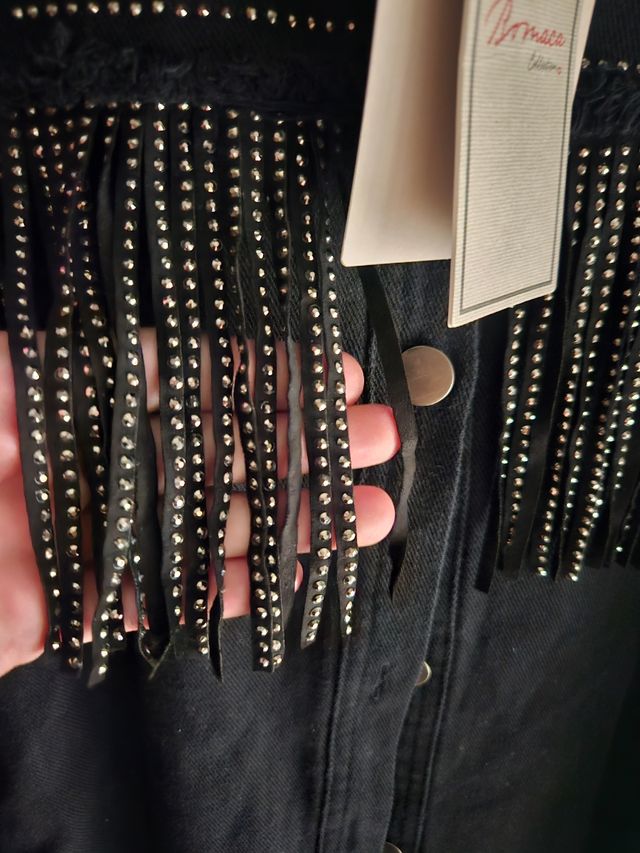 Chaqueta vaquera negra flecos-talla Unica