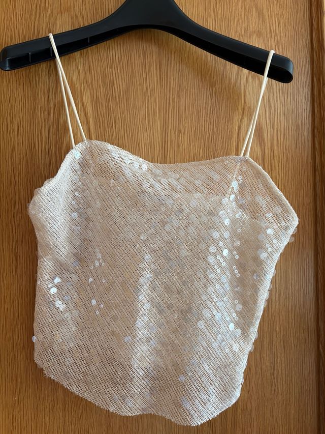 Top Zara lentejuelas beige talla M