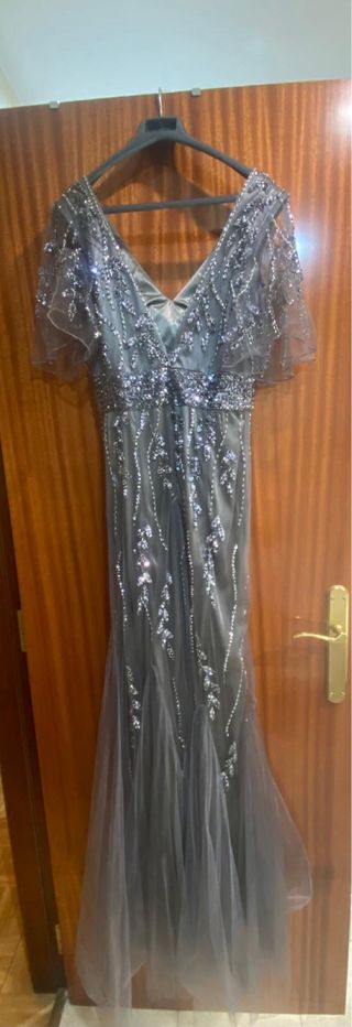 Vestido pedreria fiesta noche gris plata