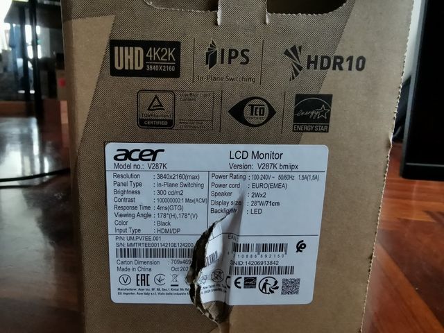 Monitor Acer V287k 28" 4K HDR Pantalla PC