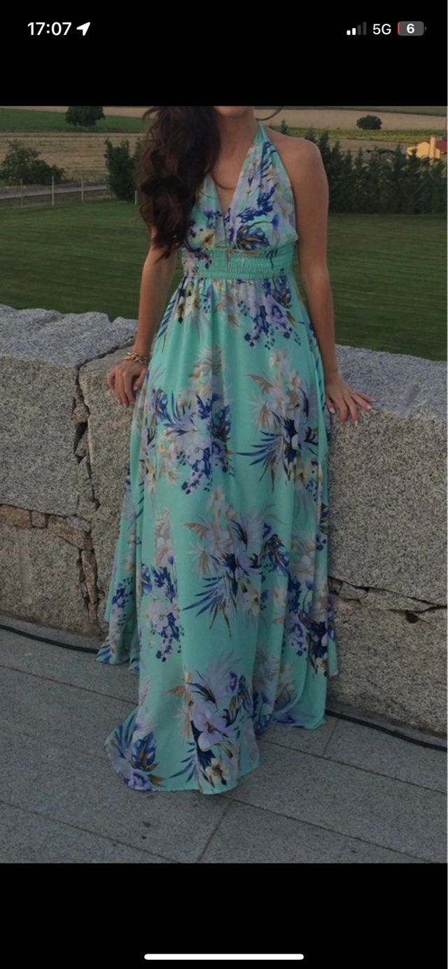 Vestido largo flores - turquesa