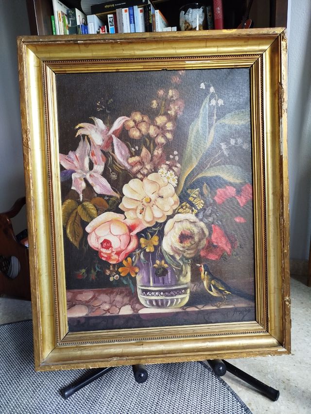 Cuadro antiguo flores - Óleo sobre lienzo Rebajado