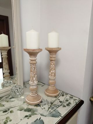 2 Soportes Velas Madera Beige