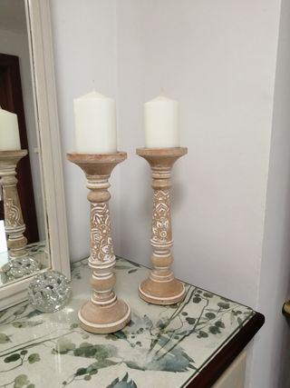 2 Soportes Velas Madera Beige
