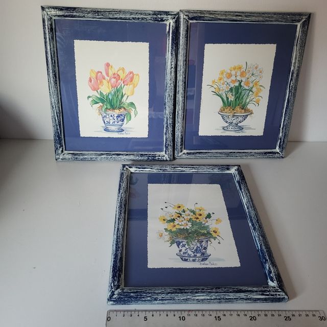 3 Láminas florales Barbara Hale enmarcadas y crist