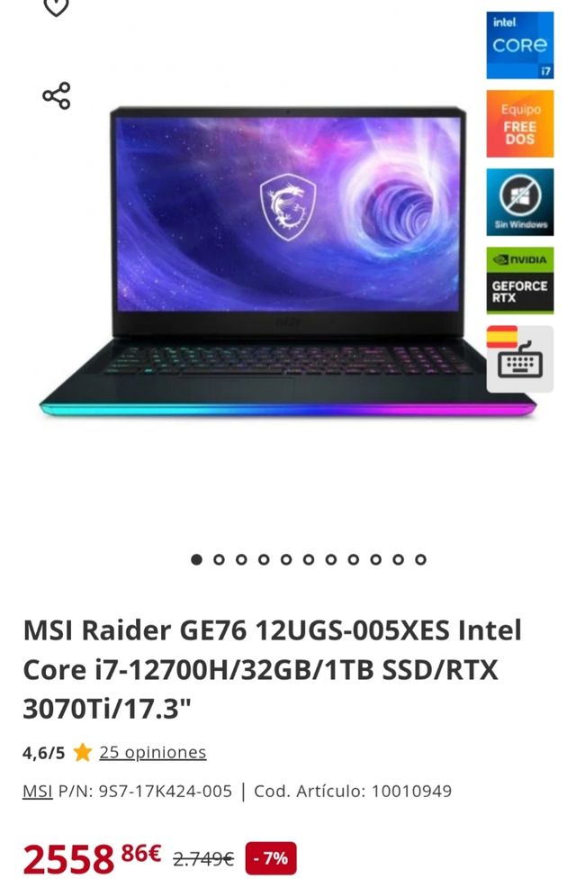 MSI Raider GE76 12UGS-005XES Portatil Gaming