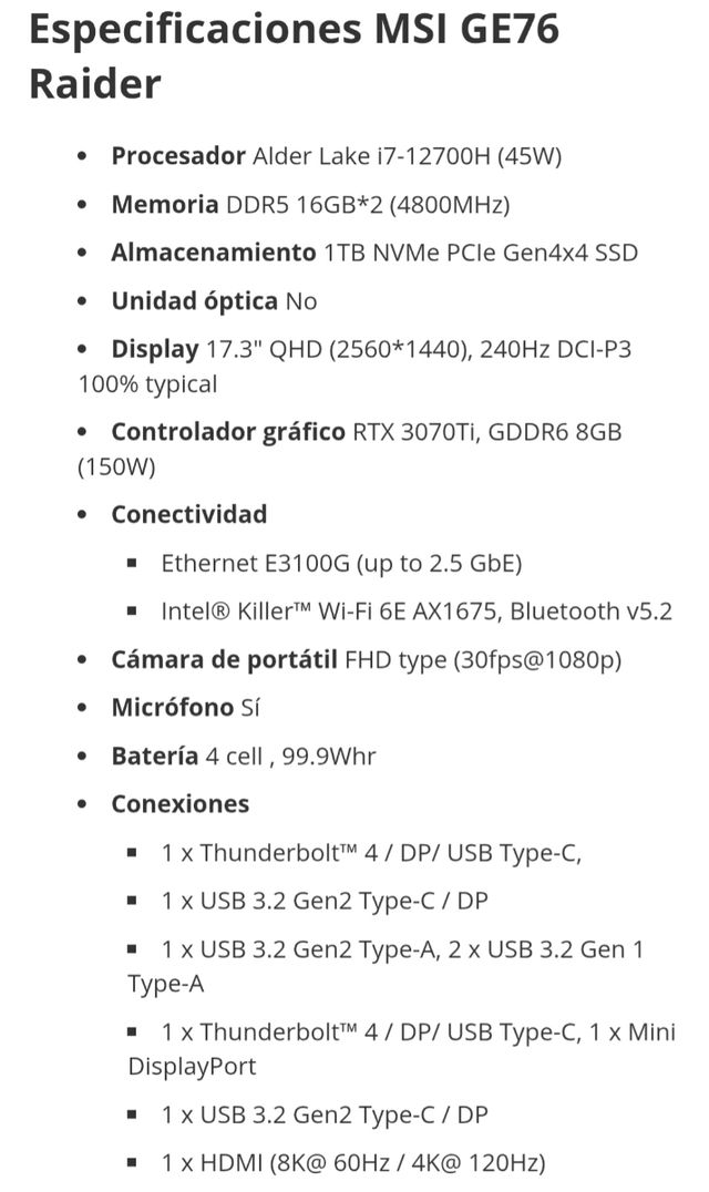 MSI Raider GE76 12UGS-005XES Portatil Gaming