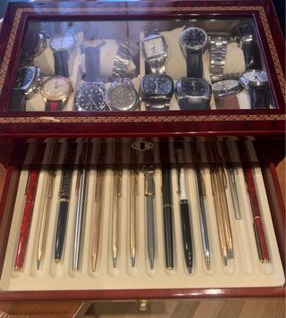 Expositor madera marqueteria relojes y bolígrafos