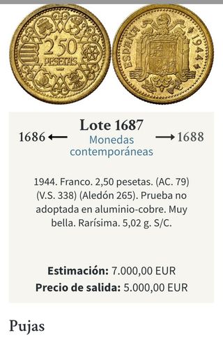 1 moneda peseta 2’50 España 1944
