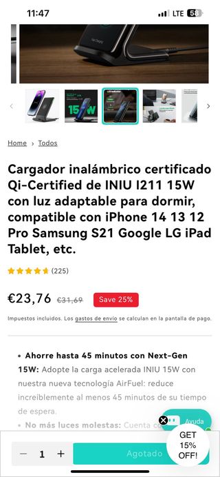 Cargador inalámbrico INIU 15W Qi