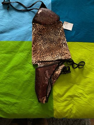 Bikini leopardo marrón con lentejuelas, nuevo.