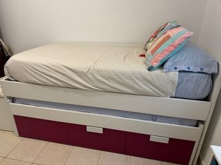Cama nido+1 colchón -3 cajones - blanca y fucsia