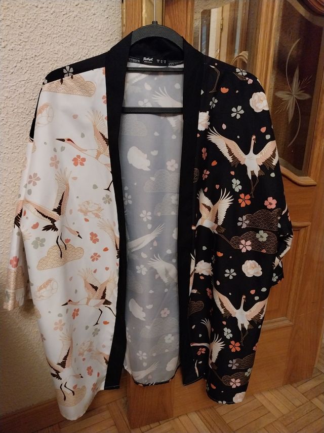Kimono estampado grullas - Blanco y negro