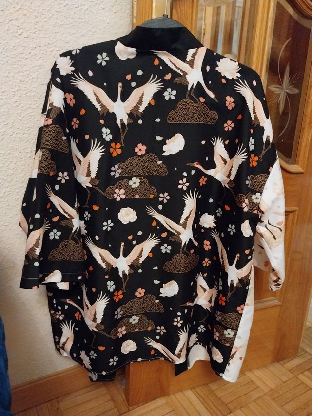 Kimono estampado grullas - Blanco y negro