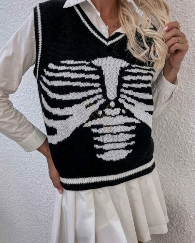 Chaleco tejido esqueleto - blanco y negro