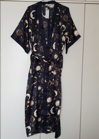 Bata Satén. Unisex de Lujo. XL. Azul dibujos