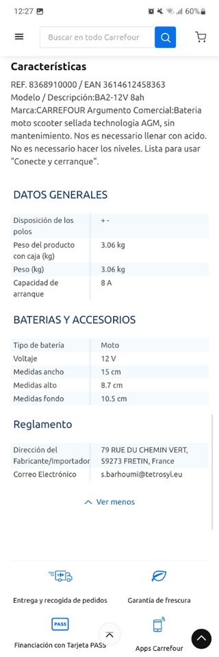 Batería moto Carrefour 12V-8Ah 135A