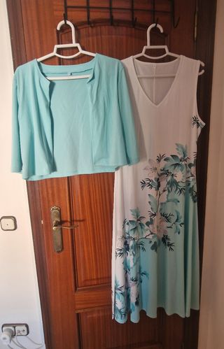 Vestido blanco y verde agua con chaqueta