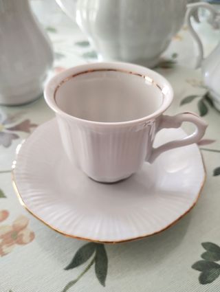 Juego café porcelana Wałbrzych blanco y dorado