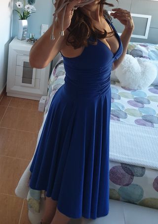 Vestido fiesta azul electrico pendientes brillante