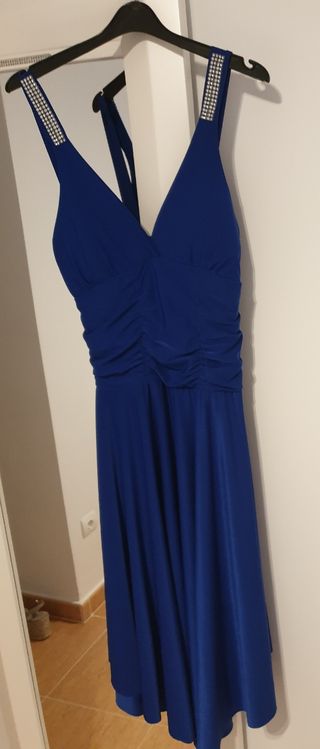 Vestido fiesta azul electrico pendientes brillante