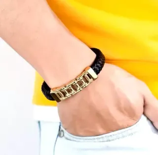 Braccialetto Uomo Nero|Oro - Acciaio