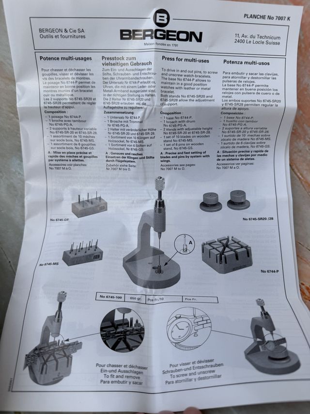 Bergeon 6745 - Prensa para pasadores relojería