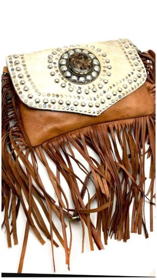 Bolso flecos cuero auténtico marrón-blanco