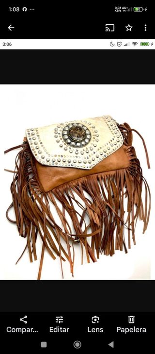 Bolso flecos cuero auténtico marrón-blanco