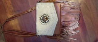 Bolso flecos cuero auténtico marrón-blanco