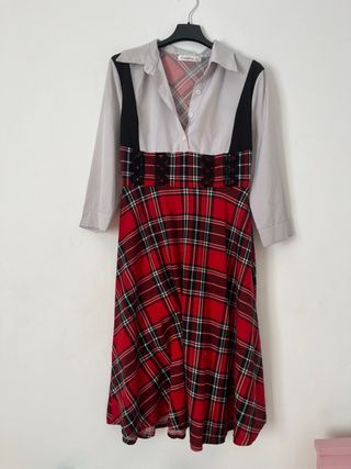 Vestido vintage escocés rojo y gris