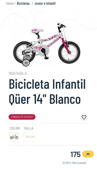 Bicicleta niña QÜER 14" blanca/rosa