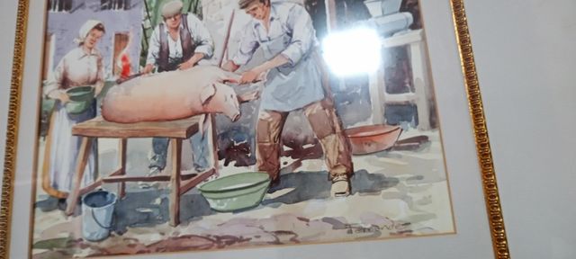 Quadro ad acquerello della macellazione del maiale