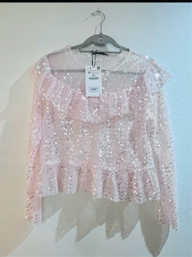 Top Zara lentejuelas rosa M