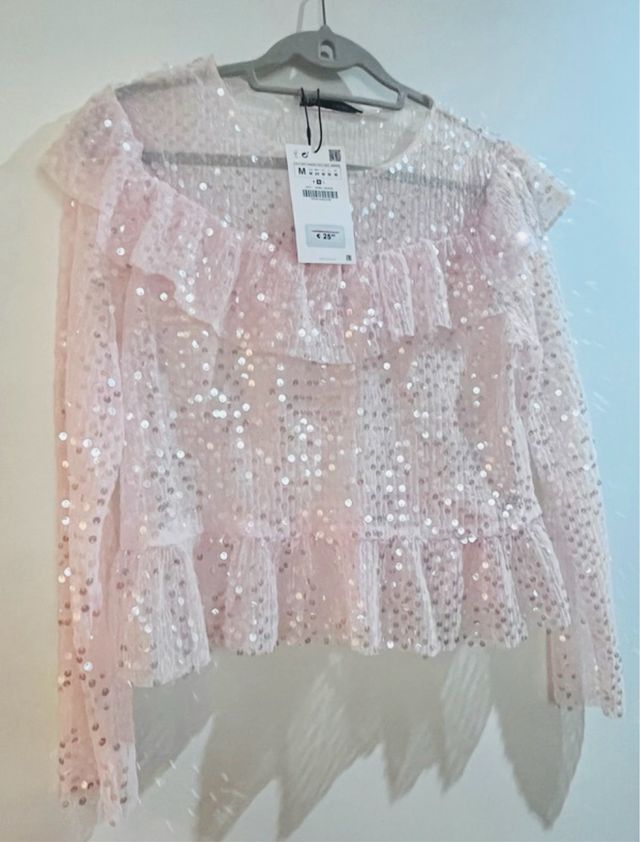 Top Zara lentejuelas rosa M