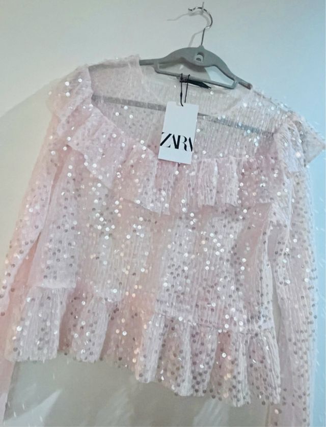 Top Zara lentejuelas rosa M