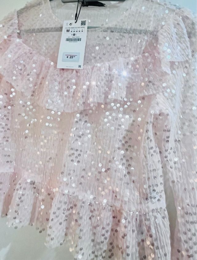 Top Zara lentejuelas rosa M
