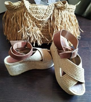 Sandalias cuña esparto beige
