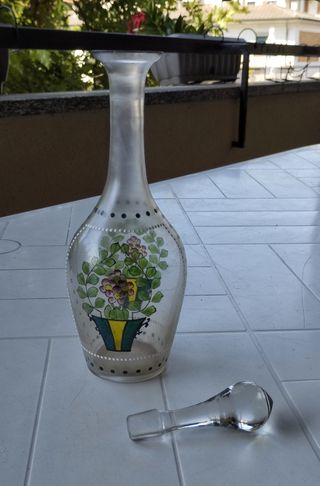 Antica Bottiglia in vetro italiana, dipinta a mano