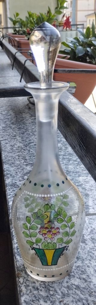 Antica Bottiglia in vetro italiana, dipinta a mano