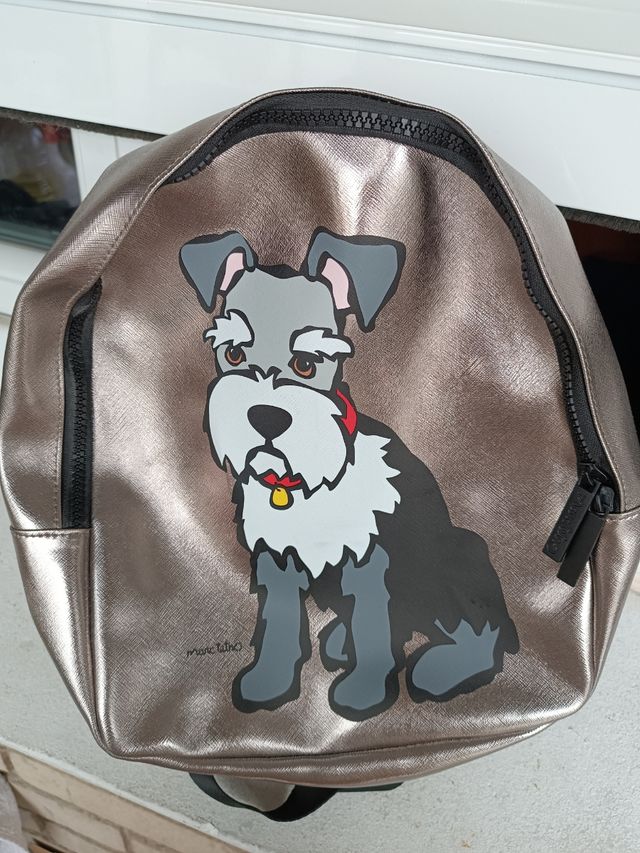 Mochila plateada con perro