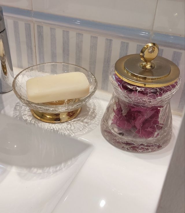 Jabonera y tarro baño cristal craquelado dorado