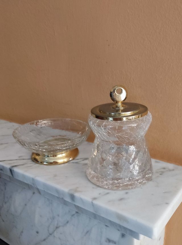 Jabonera y tarro baño cristal craquelado dorado
