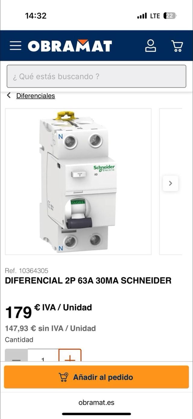 Interruptor Diferencial Schneider 63A 2P