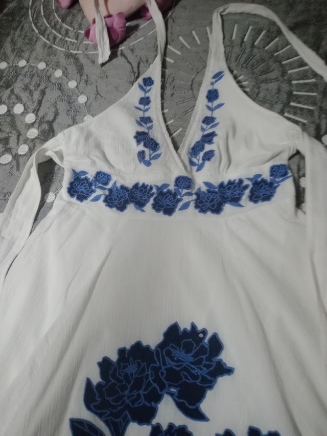 Vestido blanco verano - Bordado azul