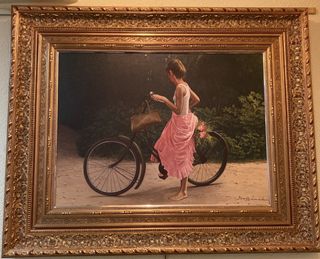 Cuadro pintado al óleo: Niña con bicicleta
