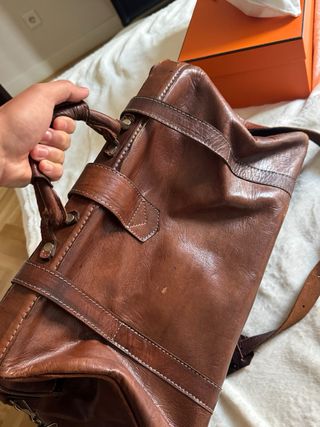 Borsa da viaggio in pelle marrone con fodera Etro
