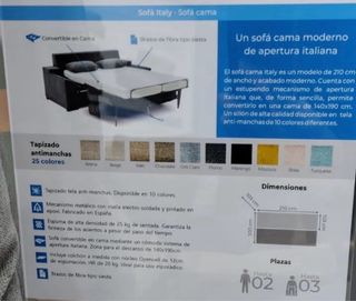 Sofá cama apertura italiana tela antimanchas, Gris