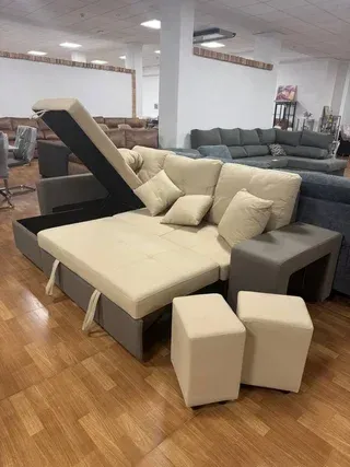 Chaiselongue cama con arcón beige-gris