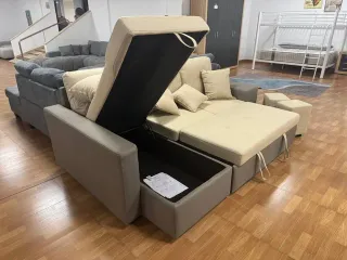 Chaiselongue cama con arcón beige-gris